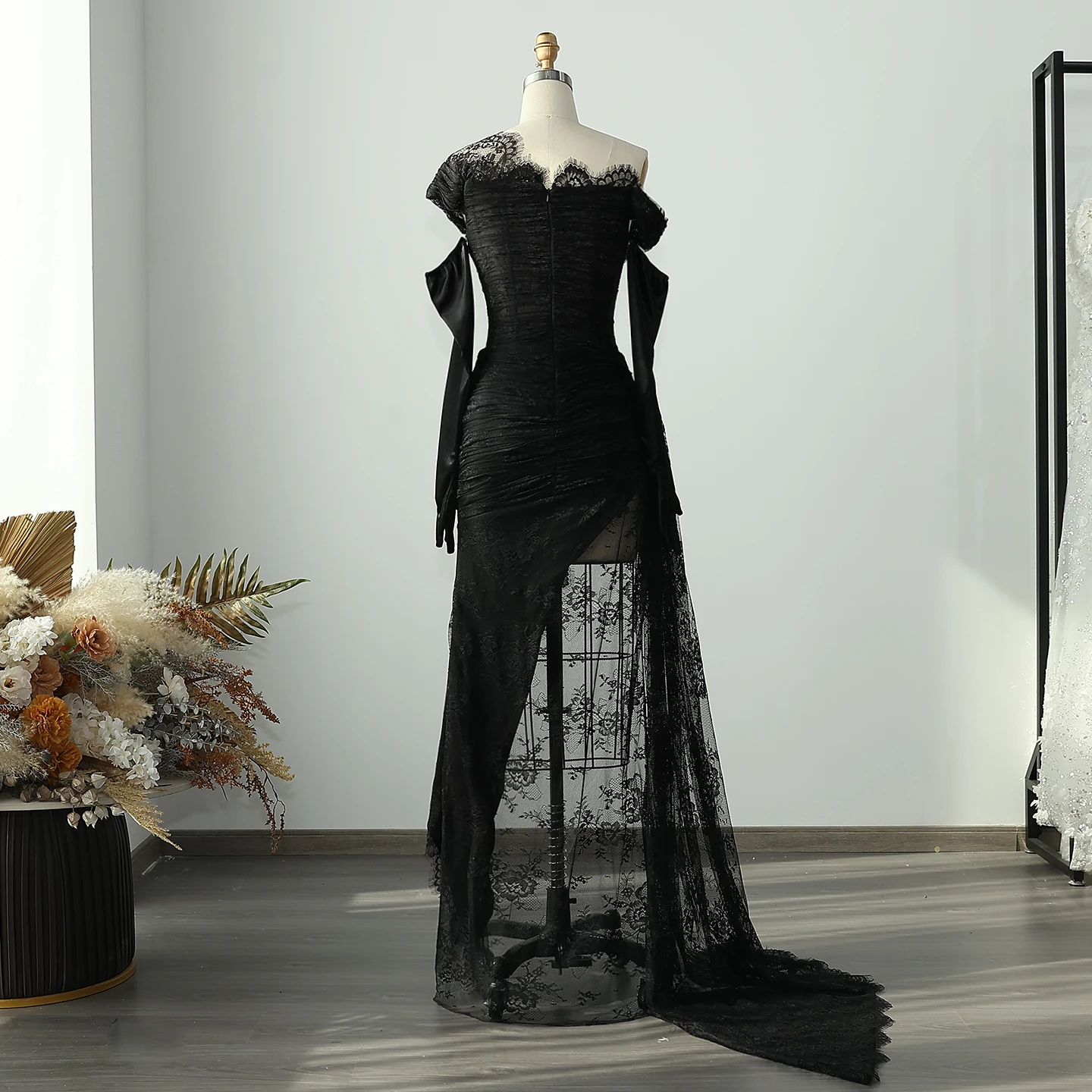 Sharon Said Black Lace Mermaid Evening Dress with Gloves High Slit Women Elegant Wedding Party Prom Dresses SF017 Customized image 2