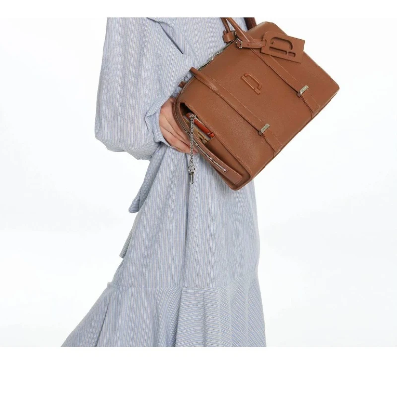 PECO Summer New Medium Size Carry-on Bag Women's Long Handle Oil-Waxed Cowhide Shoulder Bag Retro Commuter Bowling Bag