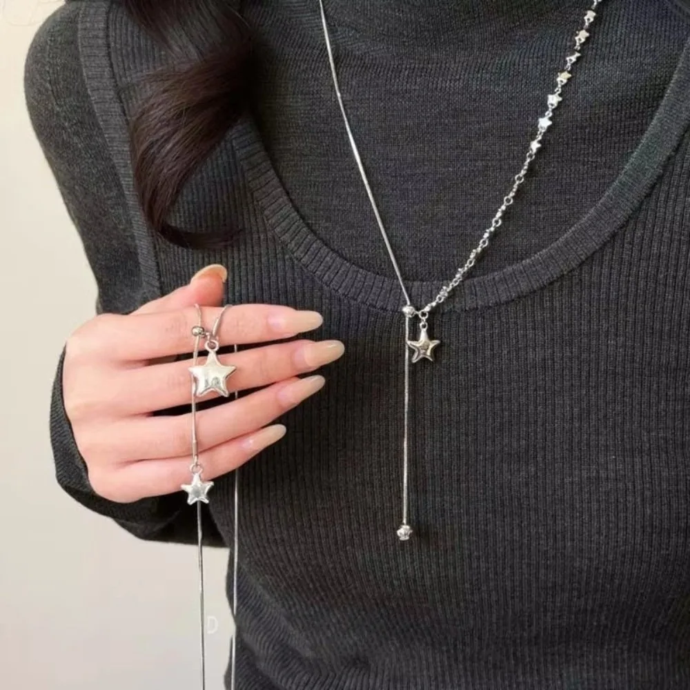 Fashion Silver Star Pendant Long Length Tassel Detail Sweater Chain Asymmetrical Design Pendant Style Snake Chain Unisex