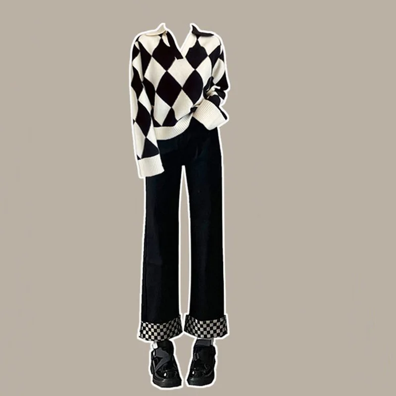 Autumn and Winter Set Women\'s 2023 New Korean Knitted Sweater Women\'s Loose and Slim Straight Leg Jeans Two Piece Set Pant Sets