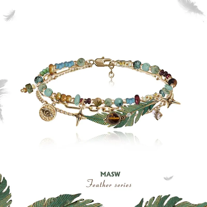 MASW Original Design Vacation style Double-layer Retro enamel feather bracelet For Women Accessories Gifts Fashion Jewelry