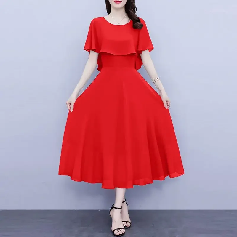 Pulôver feminino de verão, cor sólida, manga borboleta, chiffon, gola redonda, gaze confortável, em camadas, elegante, saias no joelho, vestidoszt19