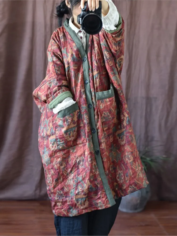 2026 Winter New Linen Women Clothes Pocket Parkas Johnature Women Vintage Print Floral Long Parkas V-Neck Button Loose Warm Coat