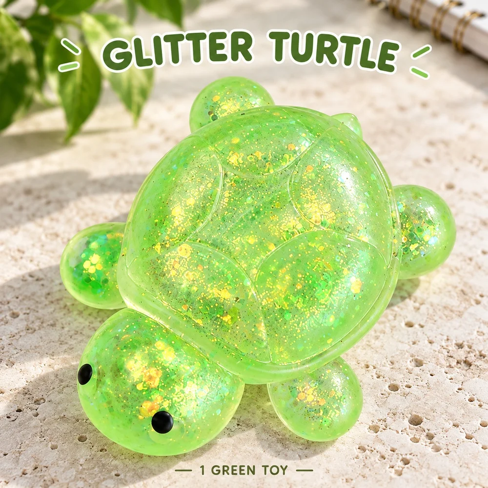 Green Turtle Squishy Toy with Glitter Clear Soft Plastic Animal Shape Squeeze Fidget Desk Companion Gift for Teens and Adults
