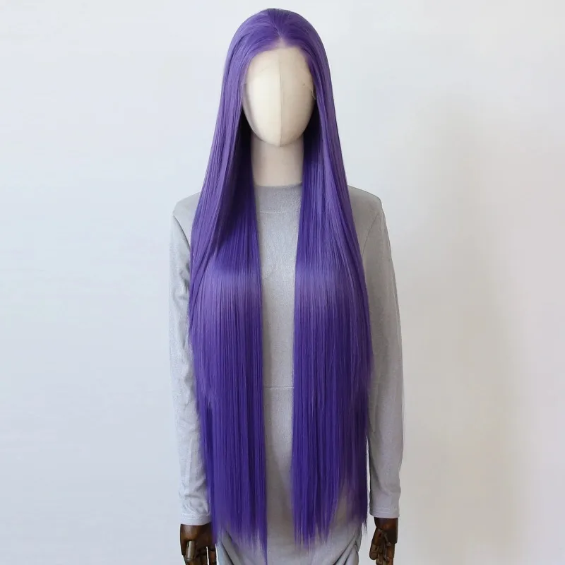 100cm Long Straight Lace Front Wig Lavender Purple Hand Tied Hairline Heat Resistant Synthetic Free Part Cosplay Raw Wig