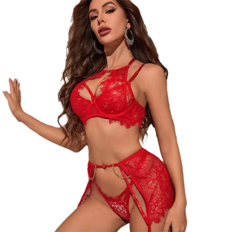 

Sexy Lingerie New Style Hollowed-out Lace Split Three-piece Skirt Lingerie Set For Women Erotic Lingerie Sets Sexy Ladies Outfit
