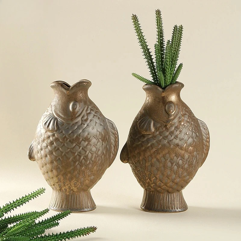 Creative Fish Shaped Coarse Pottery Vase Flower Pots Table Decoration Flowers Arrangement Floral Vases Room Aesthetic Decor