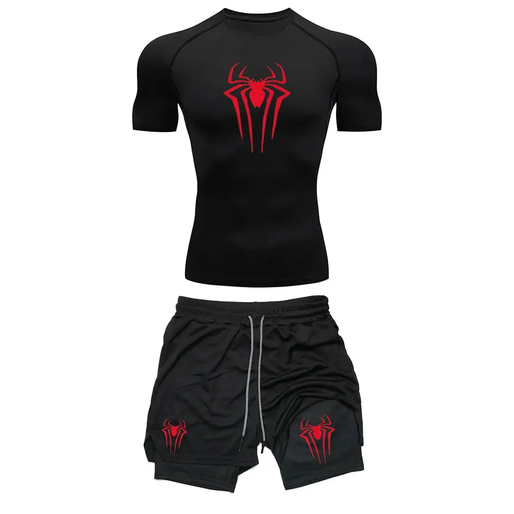 Męski zestaw kompresyjny do ćwiczeń Y2K Spider Printed Gym Tshirts Oddychające spodenki do biegania Szybkoschnący sportowy zestaw odzieży sportowej