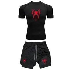 Męski zestaw kompresyjny do ćwiczeń Y2K Spider Printed Gym Tshirts Oddychające spodenki do biegania Szybkoschnący sportowy zestaw odzieży sportowej Rash Guard