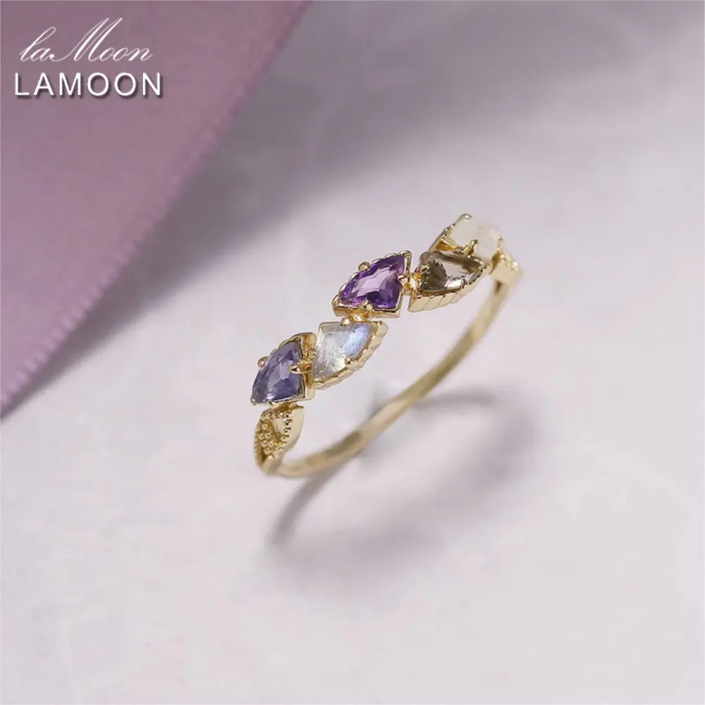 

LAMOON Natural Amethyst Labradorite Moon Stone Gemstone Ring For Women Exquisite S925 Silver Gold Vermeil Fine Jewelry Gift