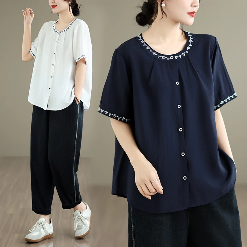 

Summer 2026 Women's plus Size Shirt Short Sleeve Embroidered Top Breathable Comfortable Loose Fit Casual Fashion Outerwear