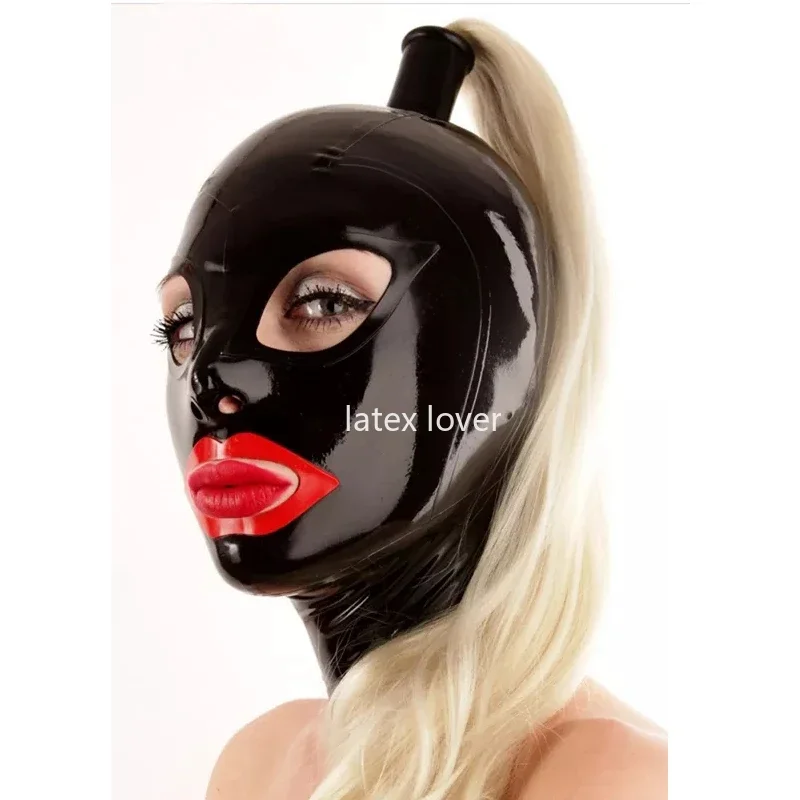 Sexy Latex Mask Rubber Hood Handmade with Wigs Red Trim Back Zip Open Eye and Mouth Women Cosplay Costumes