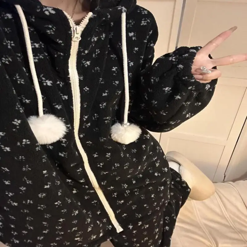 후드가 있는 파자마 세트 여성용 파자마 세트 여성용 따뜻한 겨울 파자마 패셔너블한 홈웨어, 귀엽고 부드러운 파자마 세트