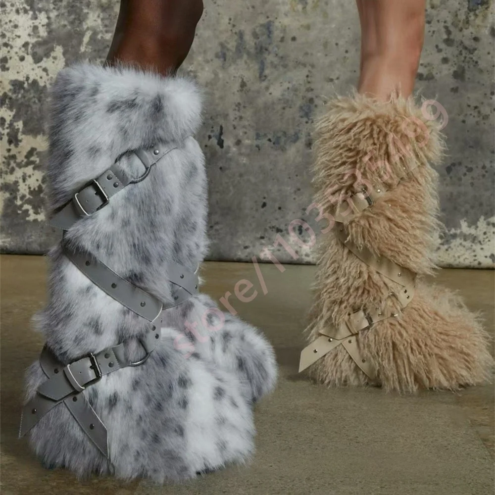 

Thick Sole Belt Buckle Furry Snow Boots 2026 New Punk Y2K Rock Stage Boots Sexy Girls' Winter Street Fashion Long Boots