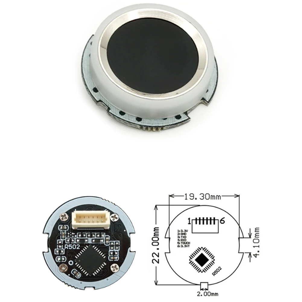 RCmall R502A Round Capacitive Fingerprint Module RS232 Interface with Light Ring Storage Capacity 200 DC3.3V-5V