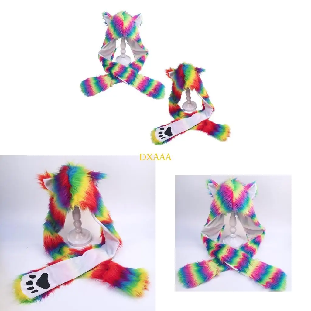 DXAA Winter Faux Fur Plush Hood Hat Scarf and Gloves Mittens 3 in 1 Rainbow for Cat Ears Long Hooded Shawl Wrap for Women Gir