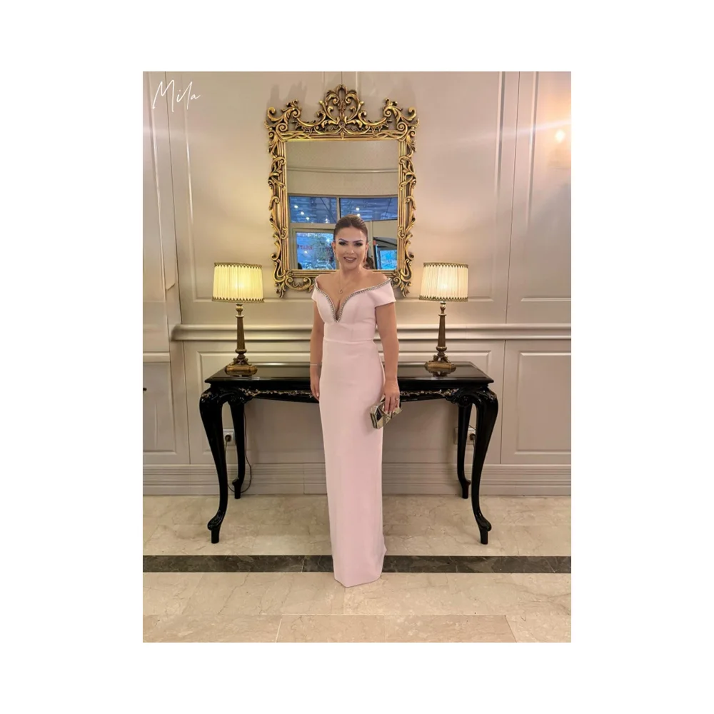 

Mila Pink Sequined Collar Prom Dress Short Sleeve Customized Elegant Evening Dresses Sheath Floor-Length vestidos de fiesta