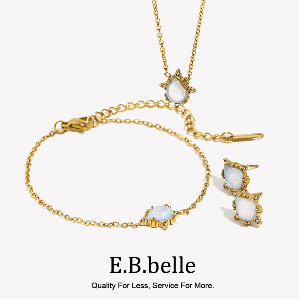 E.B.belle Elegant Bridal\'s Jewelry Accessories Waterdrop Necklace Earrings Bracelets Stainless Steel Blue Opal Stone Jewelry Set