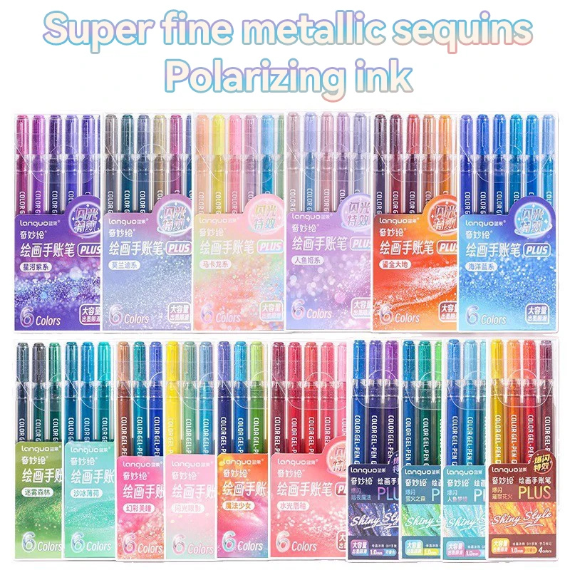 

Languo Hand Account Pen 6 Colors Large Capacity Flash Special Effects Painting Neutral Pens Stationery Student Can Stack Color