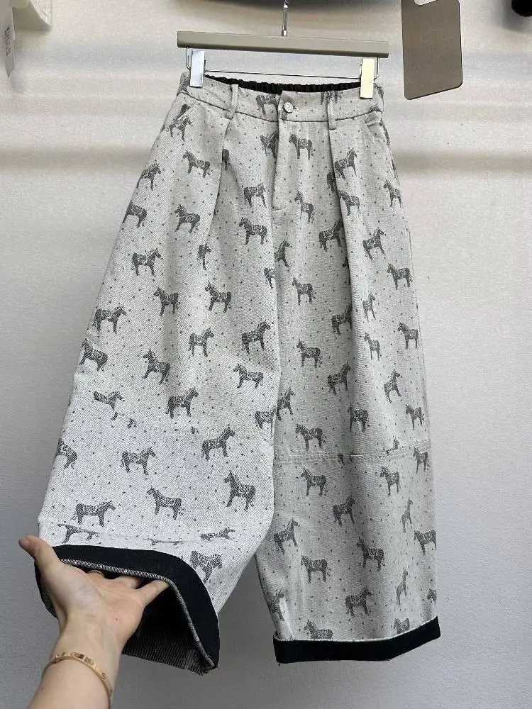 High Waist Balloon Pants Women's Casual Trousers with Cuffed Hem Printed Design Slimming Wide Leg Jeans for Ladies