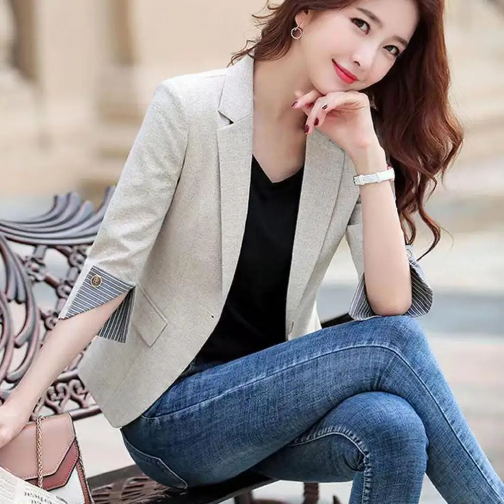 

Autumn Blazer Three Quarter Sleeves Lapel Notch Collar Lady Coat Solid Color Formal Thermal Cardigan Business Blazer