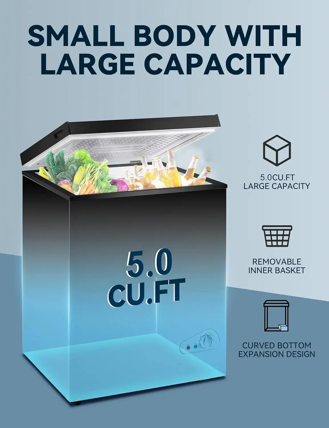 Ft Chest Freezer - Energy Saving Quiet Top Open Door Mini Freezer - Compact Small Deep Freezer with Removable Basket and Defrost