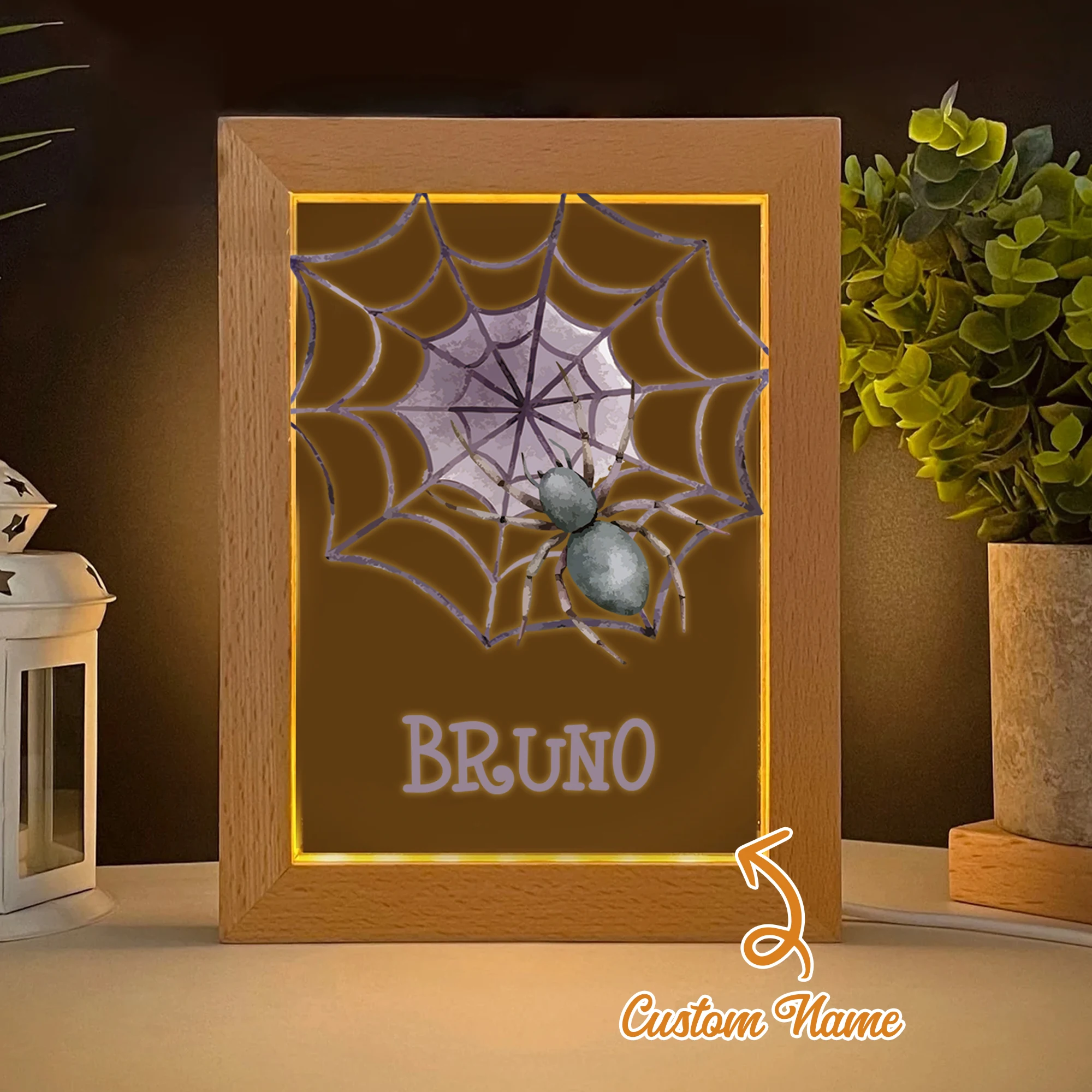

2D Flat Custom Name Horror Spider LED Acrylic Night Light Wood Photo Frame 21x17cm Halloween Bedroom Gift Home Decoration