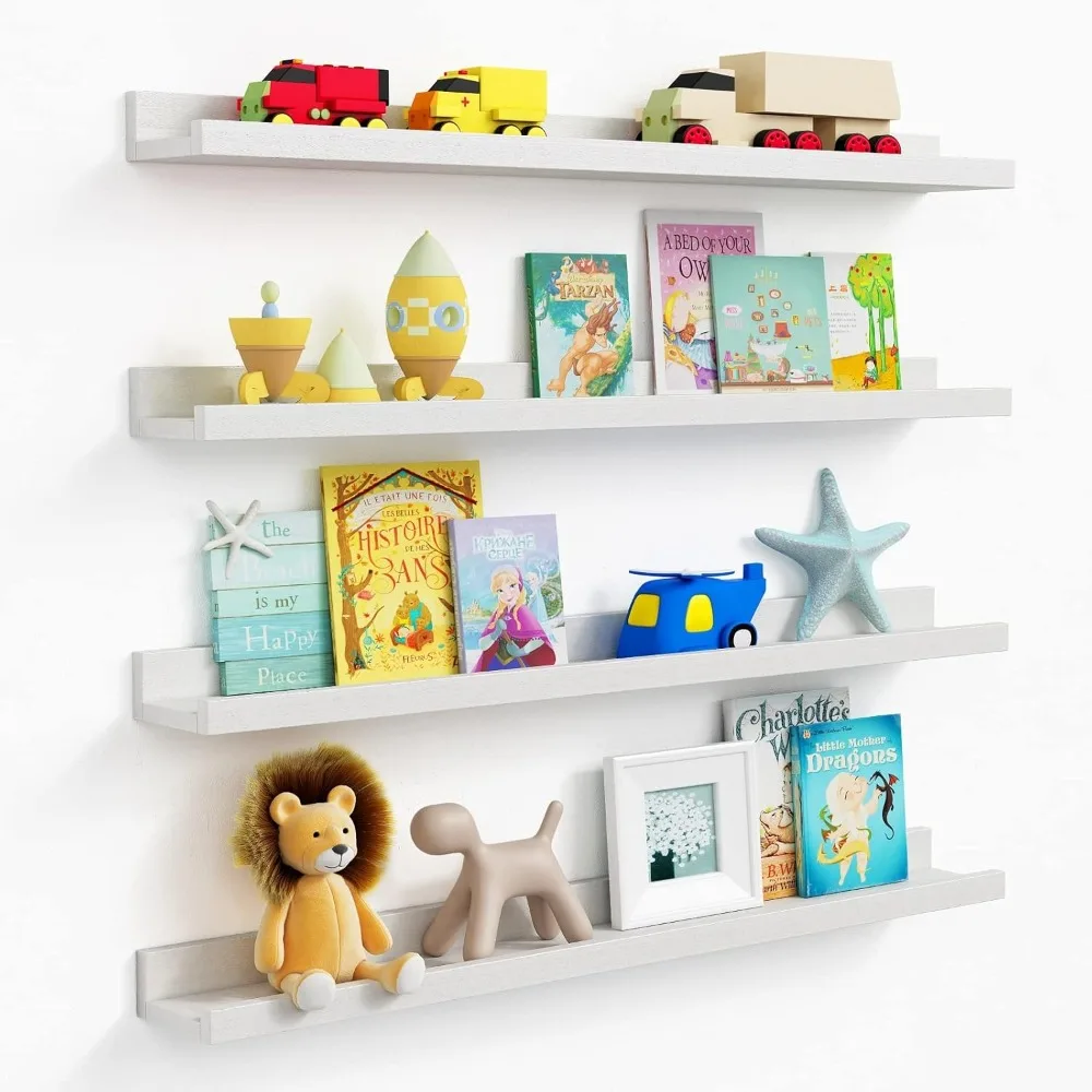 White Floating Shelves，Large Wall Bookshelf for Kids Bedroom, Picture Ledge Shelf Decor Photo Frame, Wood Book Shelves