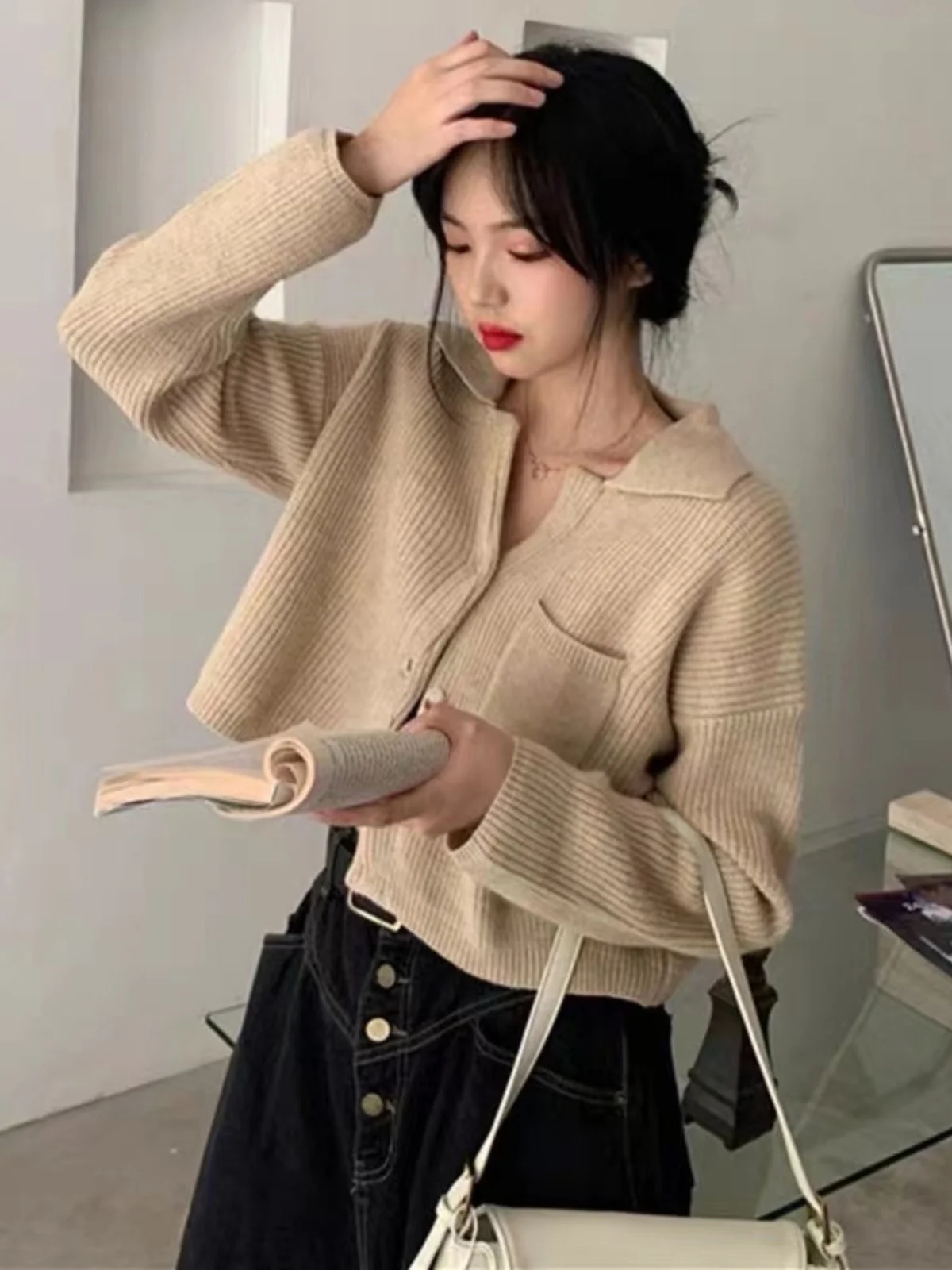 

Стильный вязаный кардиган кофейного цвета на весну-осень, свободного кроя, с открытым воротником, в корейском стиле, с длинными рукавами, короткое пальто