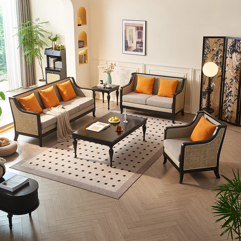 

French retro rattan solid wood sofa living room small apartment wabi sandy wind three-person ash wood straight row sofa hotel