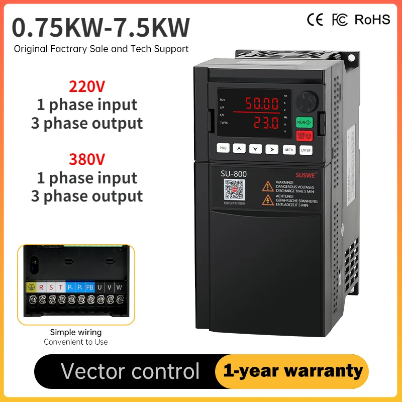 High-Quality 220V 1-3PH 380V 3-3PH SUSWE VFD Inverter 0.75KW-7.5KW Variable Frequency Converter CNC Spindle Motor for Industrial