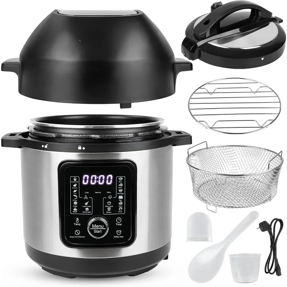 

Slow Cooker 6 Quart with Air Fryer Lid, Stainless Steel Fry Basket, Easy Cleaning, 8-in-1 Slow Cooker