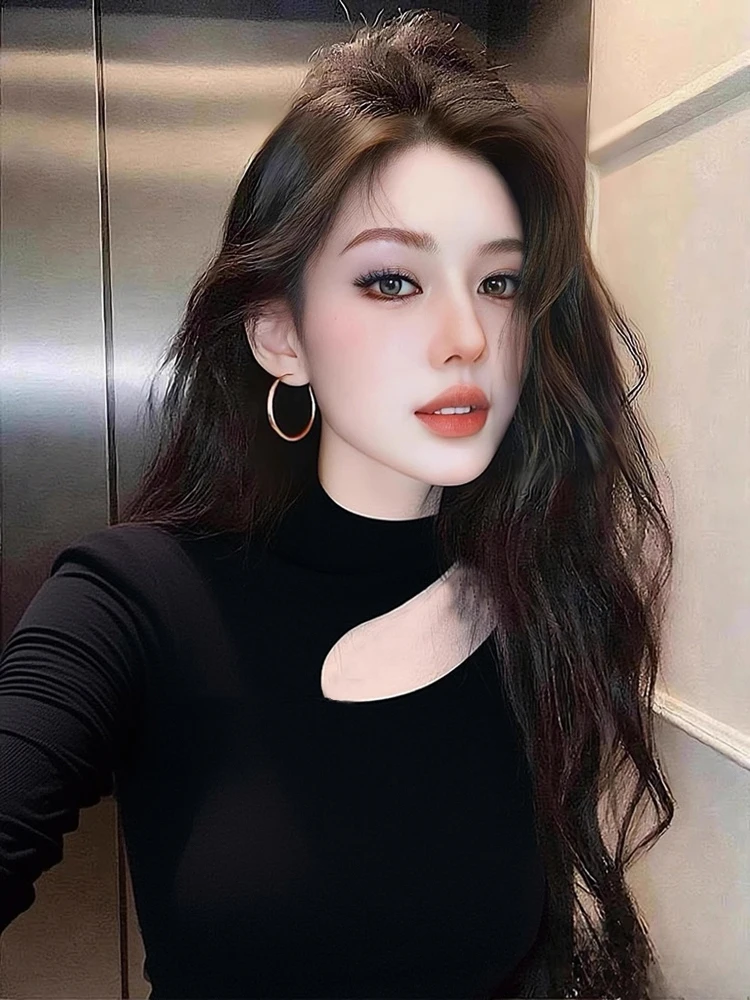 Autumn Winter Hollow out Half High Collar Slim Fit Knitted Base Shirt Women's Inner Wear Sexy Asymmetrical Long Sleeve Top