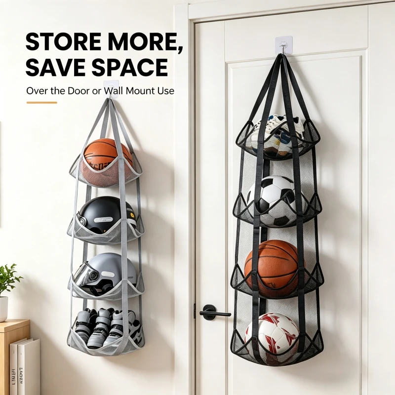Garage Ball Storage Bag Vertical Helmet Ball Holder for Basketball Soccer Volleyball Football Home Space-Saving Sports Organizer