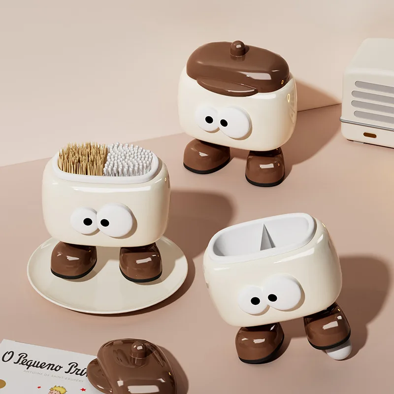 Cute Cartoon Pattern Cotton Swab Toothpick Storage Box With Lid Dustproof Desktop Home Bathroom Kitchen Organizer