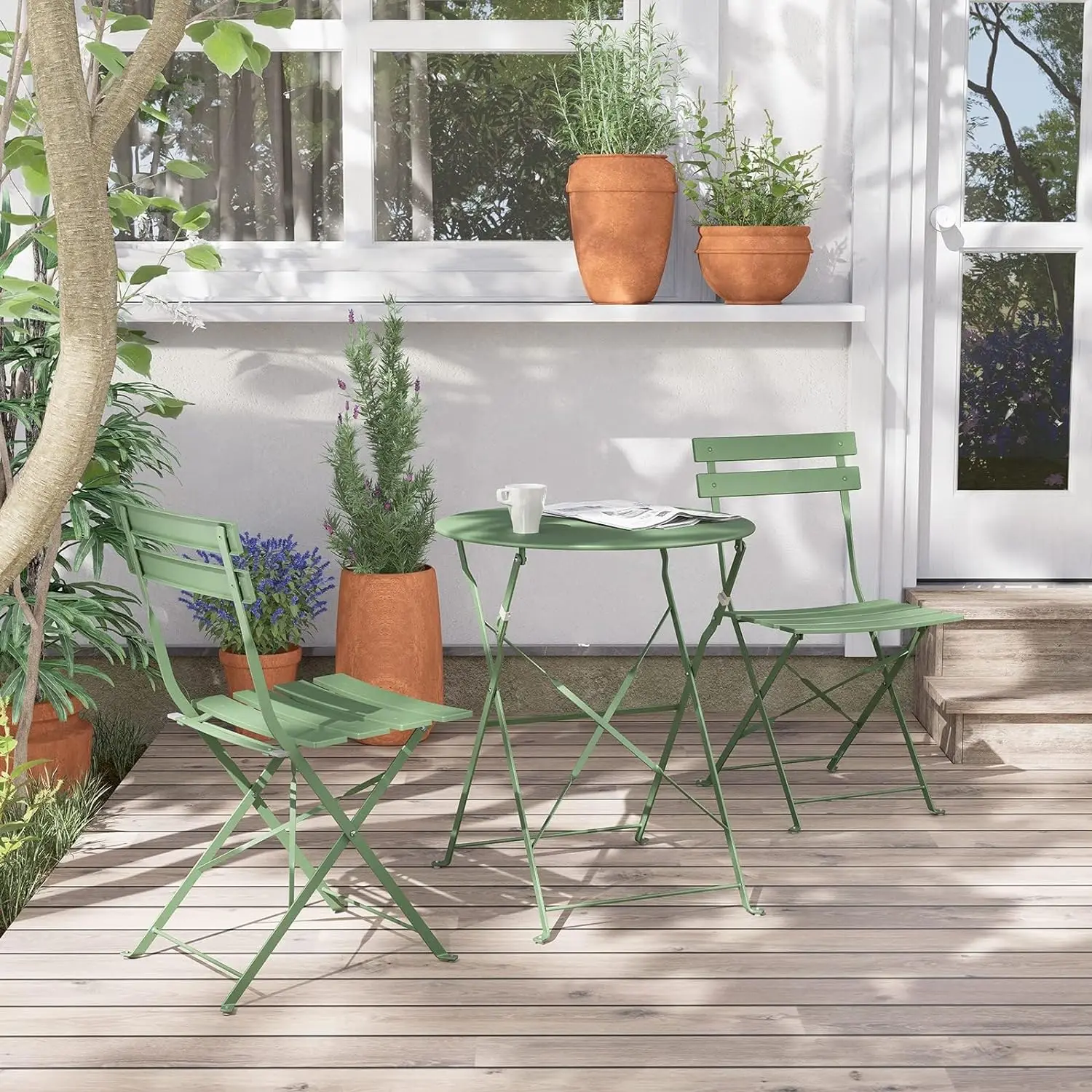 Frame Patio Bistro Set, Opvouwbare Tuinmeubelsets, 3-delige Patio Set Klaptafel En Stoelen, Saliegroen