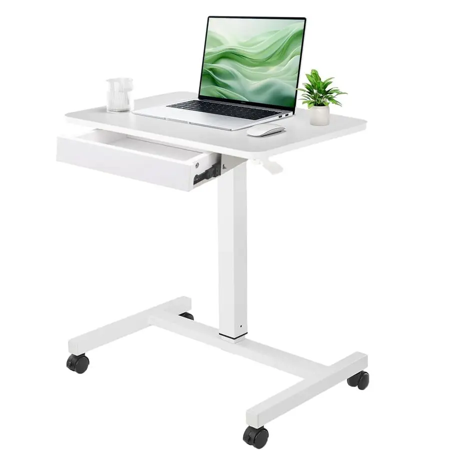 

Mobile Laptop Standing Desk, Height Adjustable Teacher Podium with Lockable Wheels, Adjustable Work Table with Drawer, Computer