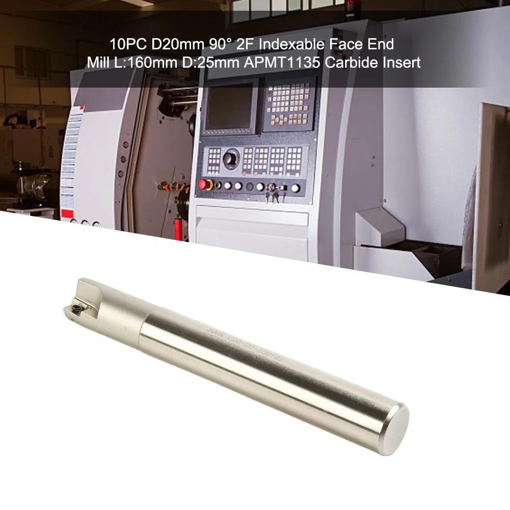 

10PC D20mm 90° 2F Indexable Face End Mill L:150mm D:20mm APMT1135 Carbide Insert Milling Cutter Wrench Turning Tool