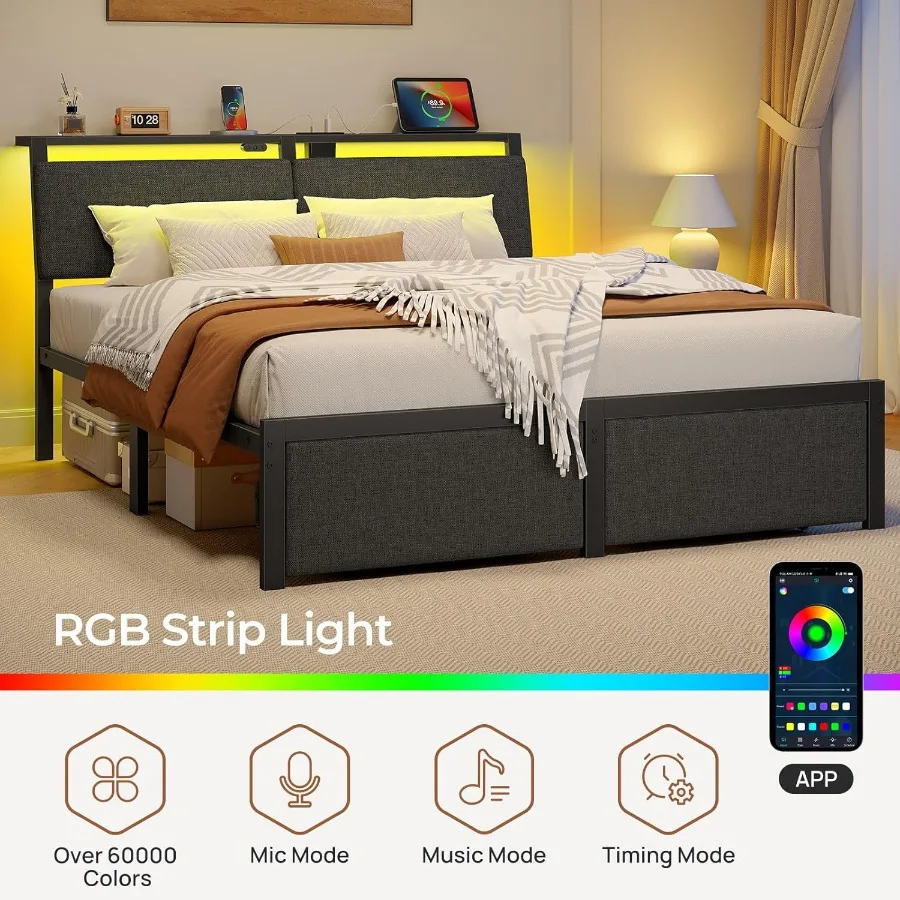 إطار سرير كامل الحجم مع محطة شحن مريحة للتخزين على اللوح الأمامي وسرير بمنصة منجدة مع درج إضاءة LED شديد التحمل