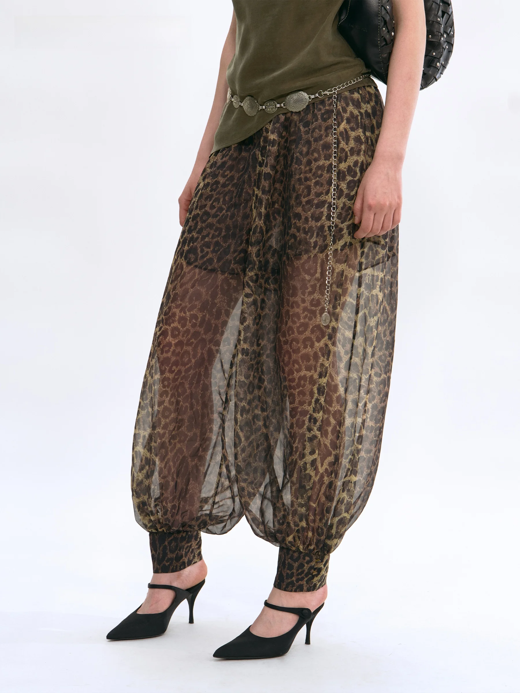 VERMO Summer Breathable Lightweight Tapered Lantern Pants Leopard Print Natural Waist Polyester Fiber Original Style Women's ...