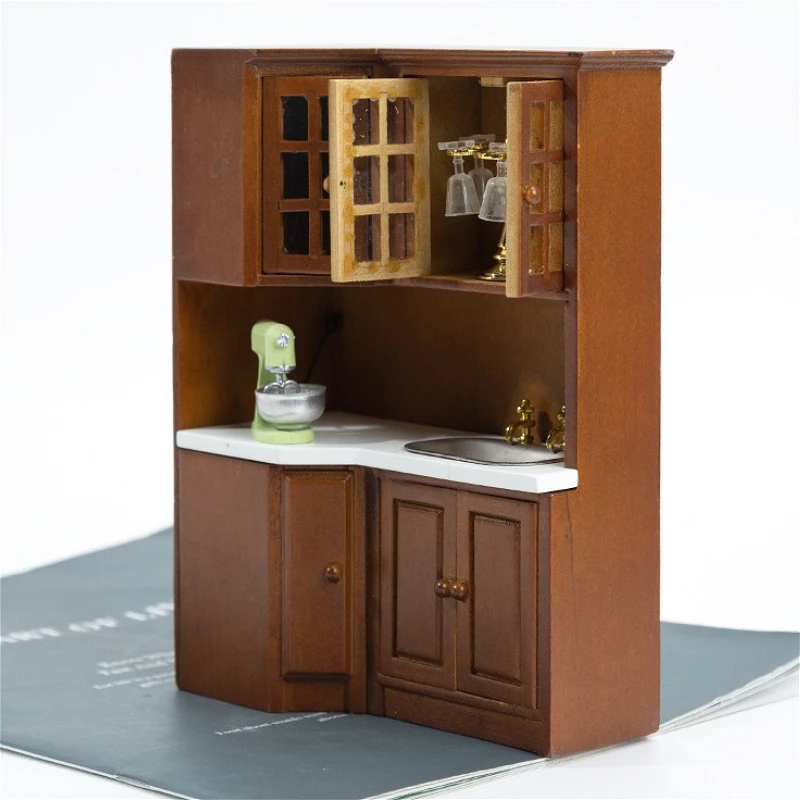 

1pc 1:12 Dollhouse Mini Kitchen Wooden Cabinet Set Model Cabinet with Glass Door Storage, Sink, Mixer and Hanging Wine Glasses