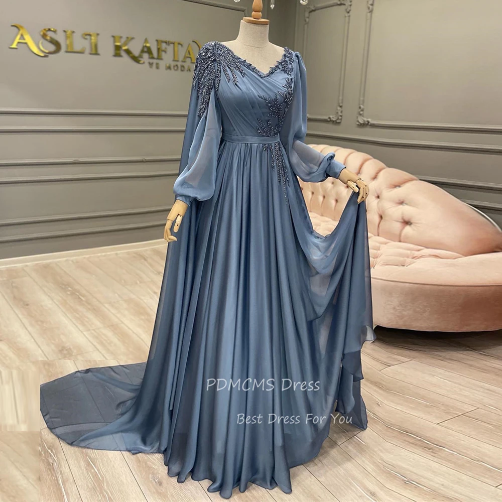 

Elegant A Line Dusty Blue Silk Chiffon Evening Dresses Puff Long Sleeves Cape Train V Neck Beads Prom Dress Arabic Formal Gowns