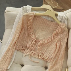 Spitze Rüschen Y2Y Koreanische Sommer Strickjacke Sonnencreme Lose Mantel Frauen Casual Einfache Mode Lange Ärmel Kurze Hemd Vielseitig Rock