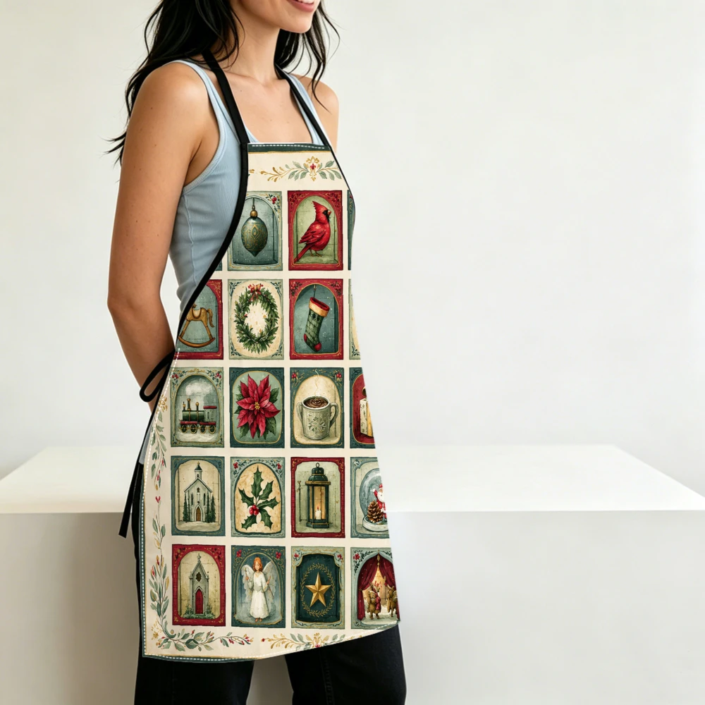 Vintage Style Apron Christmas Collage Print Kitchen Aprons Cooking Baking Adjustable Bibs