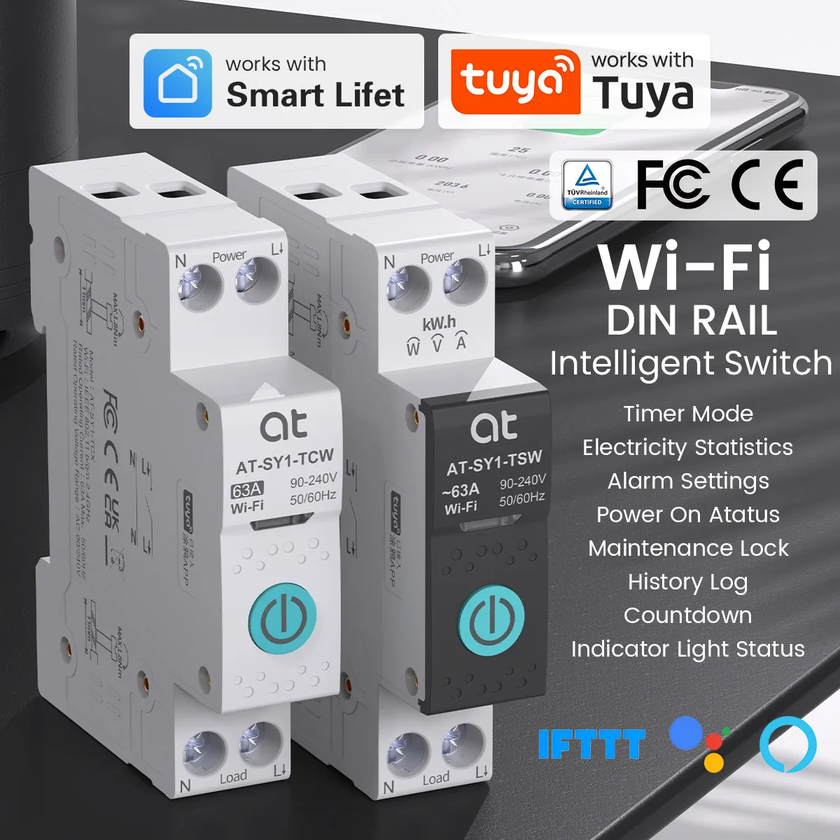 Disjoncteur intelligent WIFI TUYA, mesure de puissance, Rail DIN 1P 63A pour maison intelligente, télécommande sans fil, commutateur intelligent par application ATELE