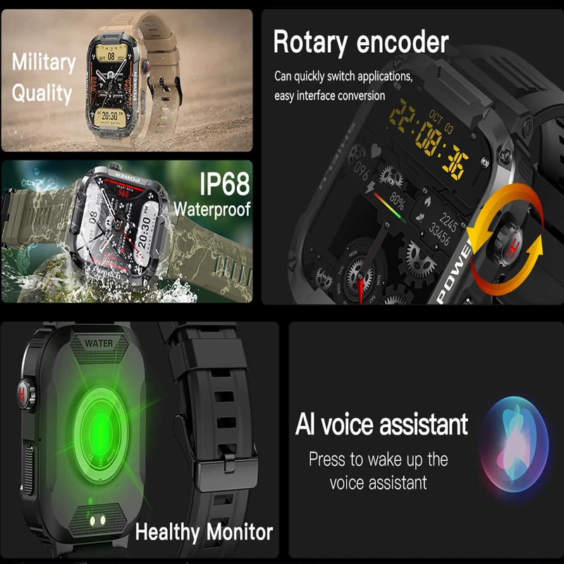 Montre intelligente de sport étanche pour homme, appel Bluetooth, cadran personnalisé, suivi de la condition physique, fréquence cardiaque, IP68, MK66, 1.85 pouces, 400mAh