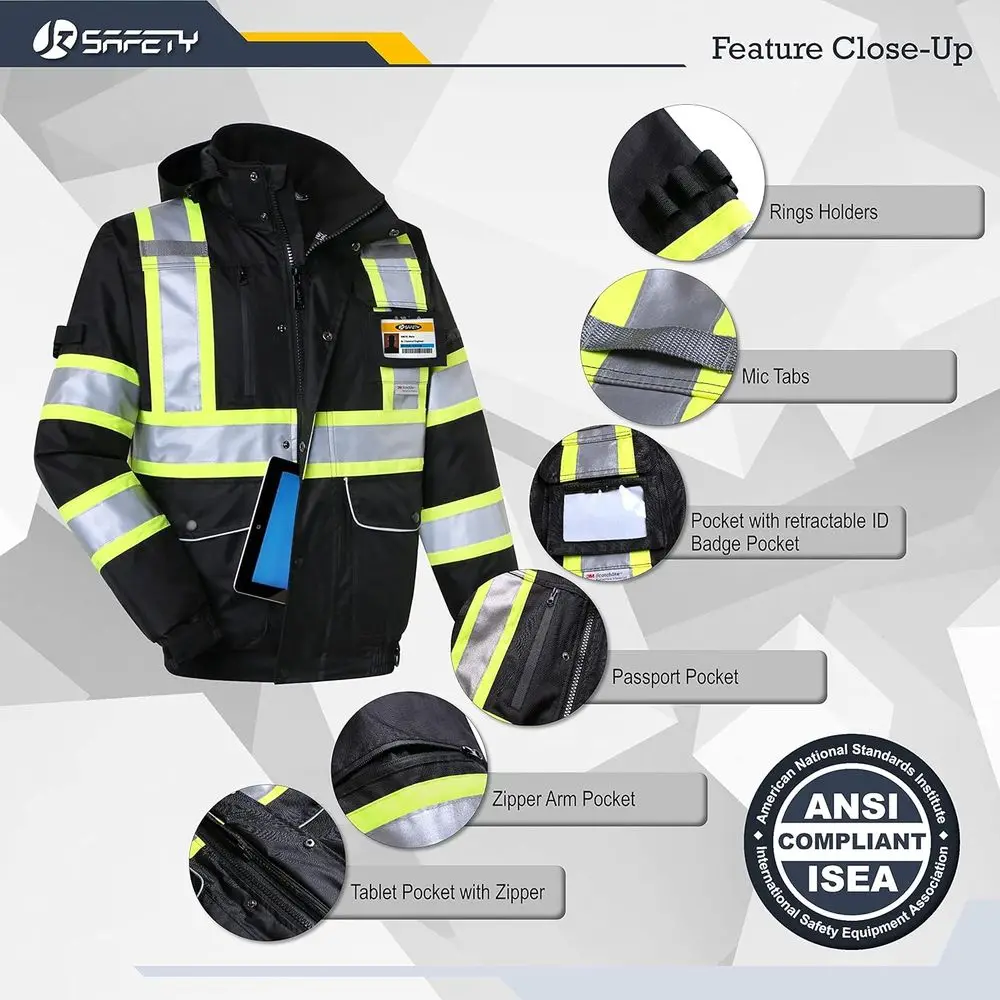 سترة منفوخة مقاومة للماء عالية الوضوح مع 10 جيوب، عاكسة 3M، غطاء رأس قابل للفصل، وجيب معرف - أسود، متوسط #4