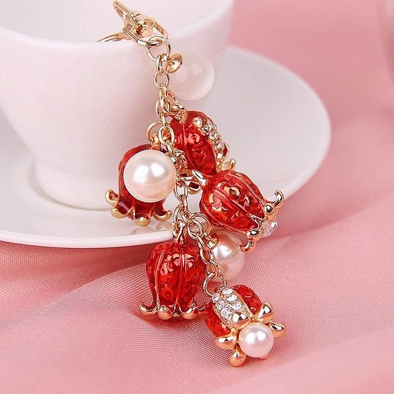 1PC Pomegranate Flowers Keyrings Bag Pendant Charm dangle keyring Pearl Keychain Stunning Keyrings