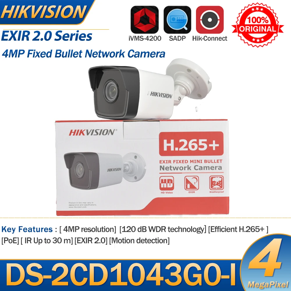 Hikvision IP Camera 4MP Fixed Bullet Network Camera DS-2CD1043G0-I IP67 IR Night Vision Video Surveillance Original Version