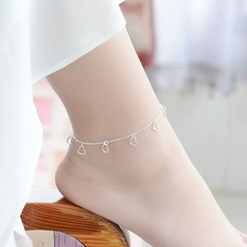 New Fashion 925 Sterling Silver Love Heart Pendant Anklet Ladies Beach Anklets Bracelet Foot Chain Women Barefoot Sandal Jewelry